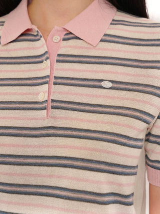 [Moromoro2] Tencel Linen Blend Striped Polo Knit  Top