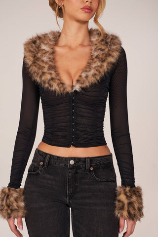 Faux Fur-Trim Sheer Mesh Cardigan in Black