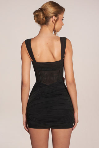 Corseted Draped Skirt Mini Dress in Black