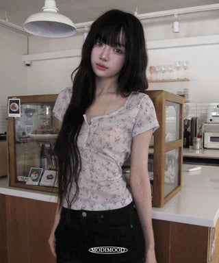 Heather Flower Short Sleeve Button T-Shirt - 3 Colors