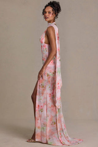 Premium Embellished Scarf-Detail Maxi Dress in Pink Floral Print