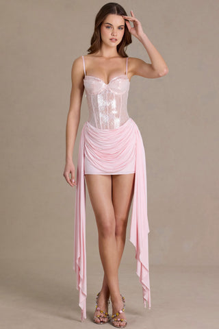 Premium Embellished Lace Corset Mini Dress in Baby Pink