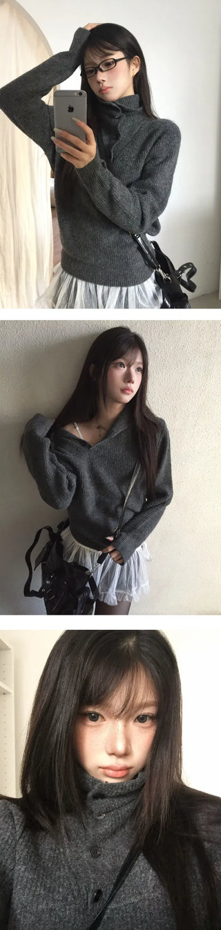 Mamel Semi-Over High Neck Turtleneck Button Warmer Knitwear - 3 Colors