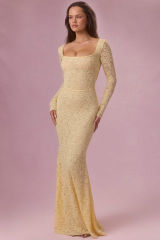 Premium Lace Long-Sleeve Maxi Dress in Butter Yellow