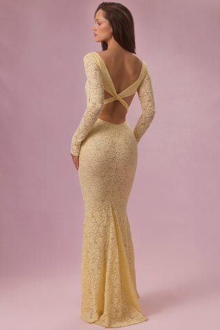 Premium Lace Long-Sleeve Maxi Dress in Butter Yellow