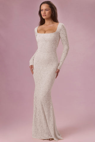 Premium Lace Long-Sleeve Maxi Dress in Ivory