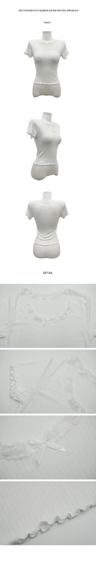 Ribbon Lace Punching Short Sleeve Knitwear Tee