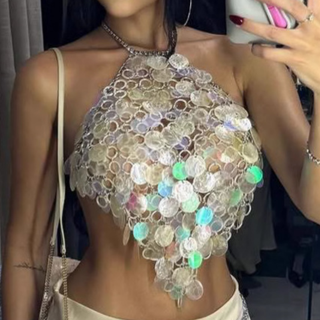 O ring glitter halter metal chain backless top