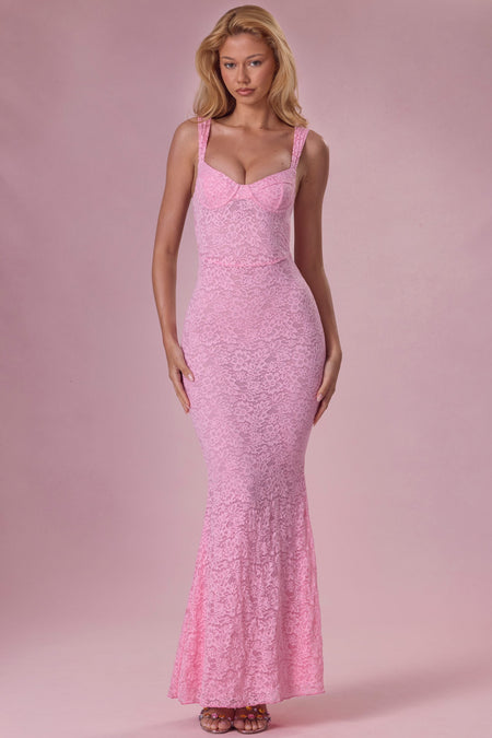 Premium Lace Sweetheart-Neck Gown in Blush Pink