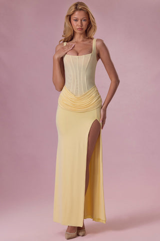 Premium Mesh Draped Bridesmaid Dress in Butter Yellow