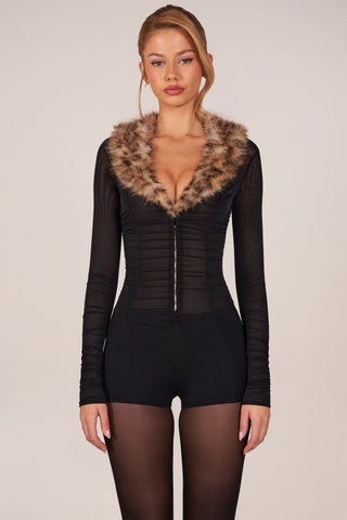 Faux Fur-Trim Playsuit in Black