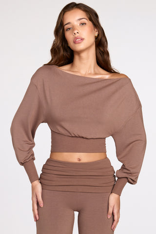 Modal Off-Shoulder Long-Sleeve Top in Mocha