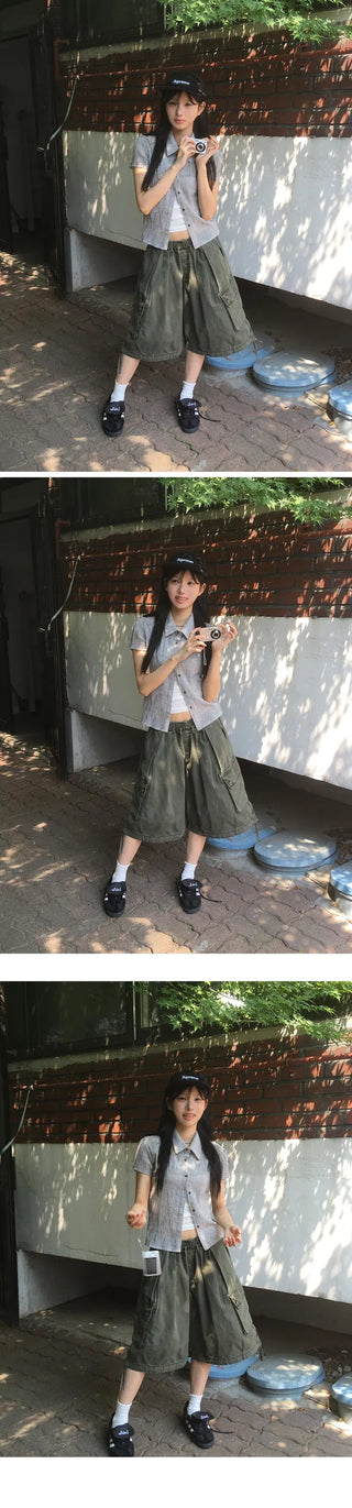 New York Shirring Short Sleeve Check Blouse BL - 2 Colors