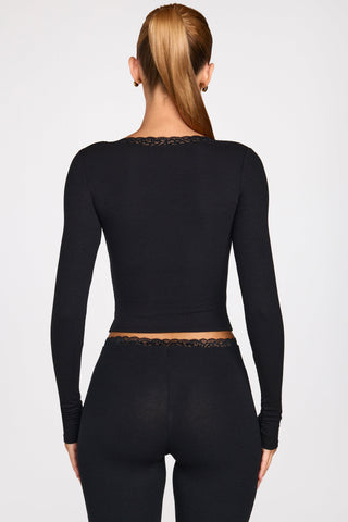 Ribbed Modal Square-Neck Long-Sleeve Top in Black