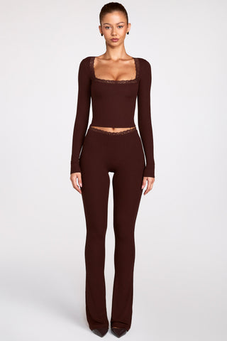 Ribbed Modal Square-Neck Long-Sleeve Top in Chocolate Brown