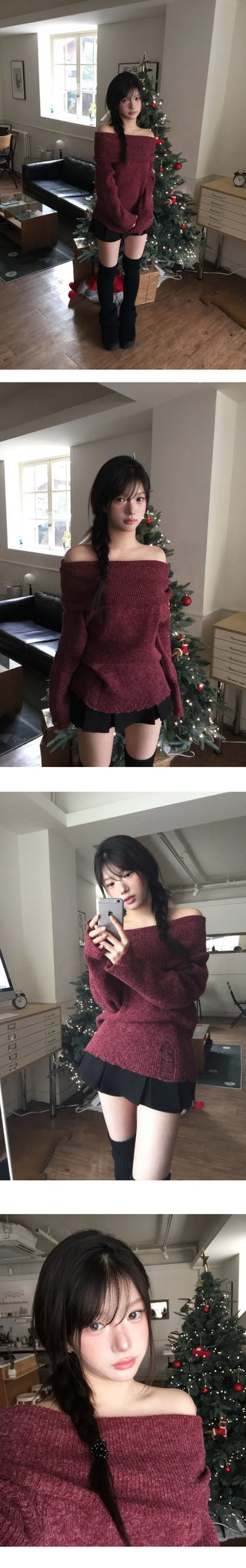 Halls Damage Over Loose Fit Off-Shoulder Knitwear - 4 Colors