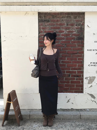 Slit elastic waist long skirt