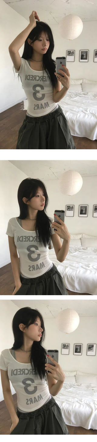 33 See-through U-neck Line Short Sleeve T-shirt - 3 colors