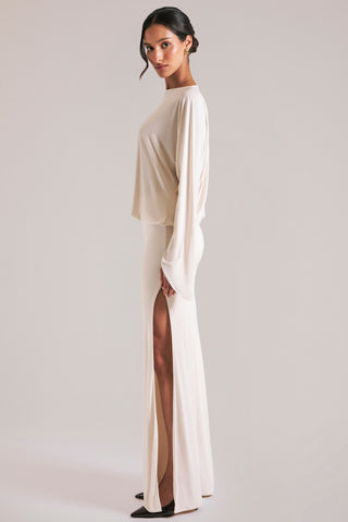 Long-Sleeve Draped Maxi Dress in Ivory