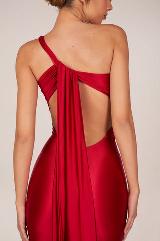 Asymmetric Tie-Back Gown in Rose Red