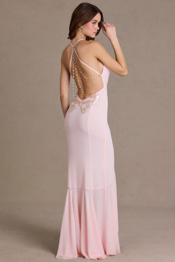 Premium Chiffon Cowl-Neck Open-Back Gown in Baby Pink