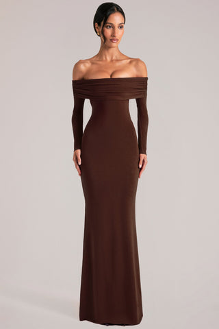 Off-Shoulder Long-Sleeve Maxi Dress in Chocolate Brown
