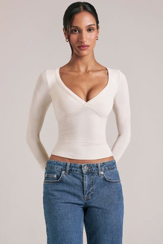 V-Neck Long-Sleeve Top  in Ivory