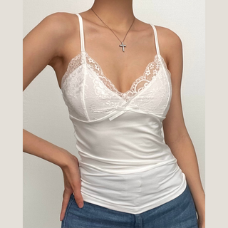 Bowknot v neck lace backless patchwork solid cami top