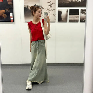 Ribbon knit frill T-shirt