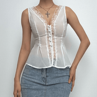 V neck button lace hem solid tank top
