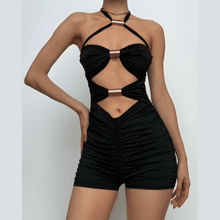 Ruched halter self tie hollow out backless solid romper