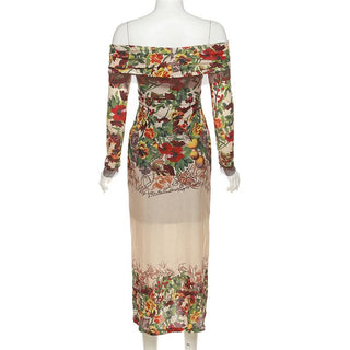 Mesh flower print contrast zip-up off shoulder long sleeve ruched midi dress-final-sale