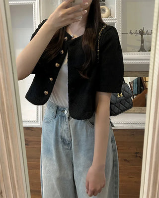 Heart gold button short-sleeved tweed jacket