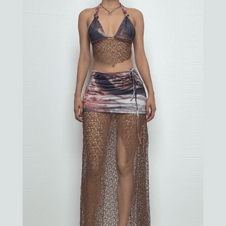 Halter fishnet tie dye hollow out high slit maxi skirt set