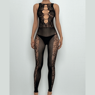 Sleeveless cross front hollow out lace bodystocking