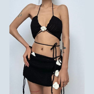 Halter knitted flower applique 3 piece mini skirt set