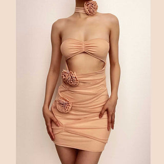 Sheer mesh hollow out flower applique zip-up solid tube cut out mini dress