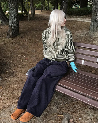 Corduroy wide-leg pants with elastic waistband
