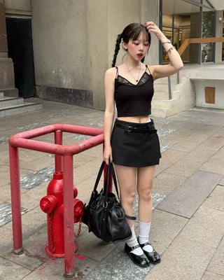 Belted slit mini skirt