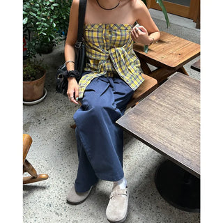 Checked Ribbon Shirt Tube Top