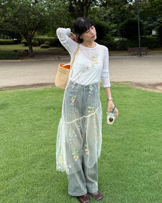 Flower embroidered sheer midi dress