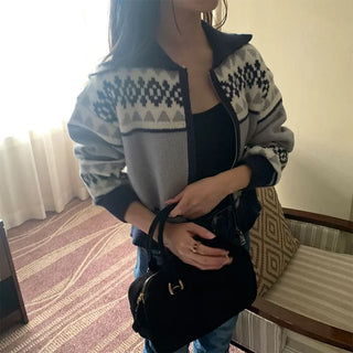 Nordic pattern knit zip-up