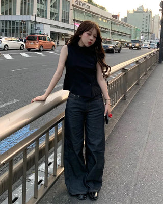 High-neck button-down sleeveless top