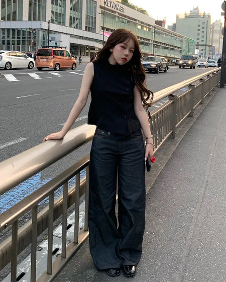 High-neck button-down sleeveless top