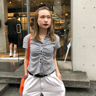 Cropped check shirred shirt