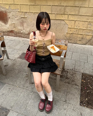 (With belt) Studded ruffle mini skirt