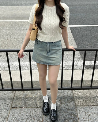 Washed denim mini skirt