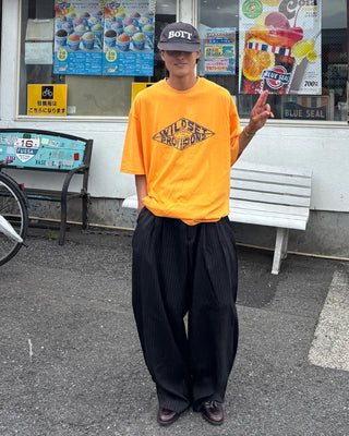 Double-pleated striped slacks