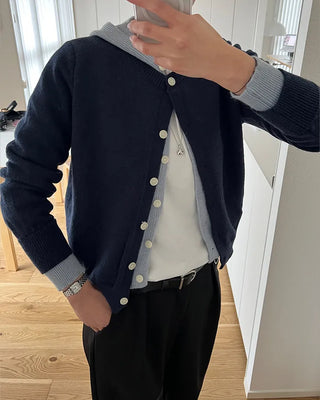 Layered knit hooded cardigan