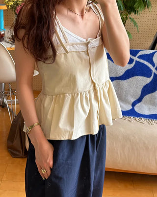 Lace-line shirred sleeveless blouse